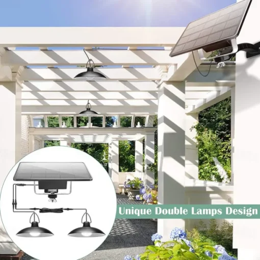 Solar Pendant Light Outdoor IP65 Waterproof 2 Head Indoor Solar Lamp with Cable Remote Controller for Courtyard Garden Indoor Lawn Landscape