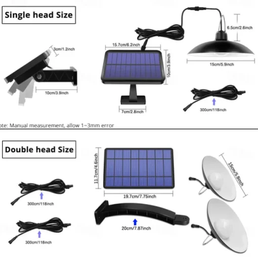 Solar Pendant Light Outdoor IP65 Waterproof 2 Head Indoor Solar Lamp with Cable Remote Controller for Courtyard Garden Indoor Lawn Landscape
