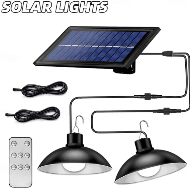 Solar Pendant Lights Outdoor Indoor String Lights Dimmable IP65 Waterproof Dual Head Solar Shed Light with 3M Cord and Remote Controller