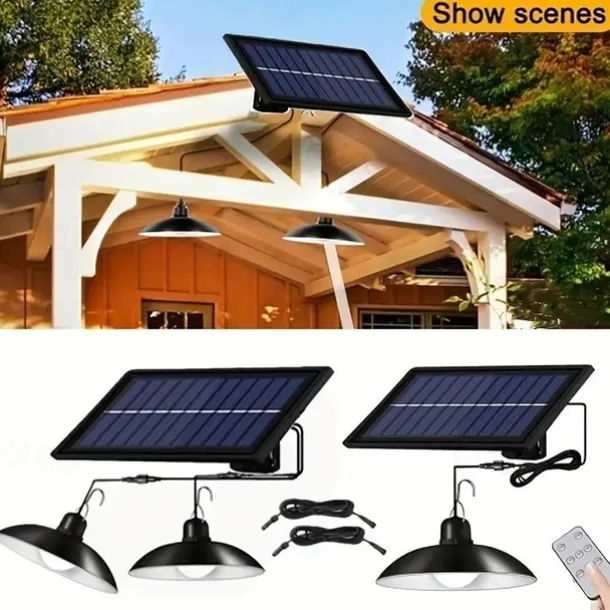 Solar Pendant Lights Outdoor Indoor String Lights Dimmable IP65 Waterproof Dual Head Solar Shed Light with 3M Cord and Remote Controller
