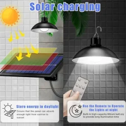 Solar Pendant Lights Outdoor Indoor String Lights Dimmable IP65 Waterproof Dual Head Solar Shed Light with 3M Cord and Remote Controller