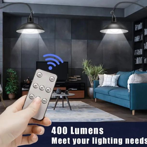 Solar Pendant Lights Outdoor Indoor String Lights Dimmable IP65 Waterproof Dual Head Solar Shed Light with 3M Cord and Remote Controller