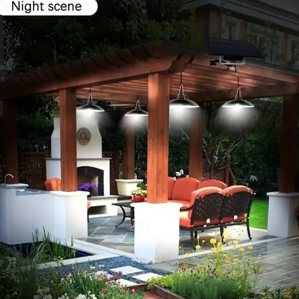 Solar Pendant Lights Outdoor Indoor String Lights Dimmable IP65 Waterproof Dual Head Solar Shed Light with 3M Cord and Remote Controller