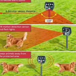 Solar Powered Animal Repeller – Ultrasonic Bird, Dog, Snake Deterrent with Sound, Flash Light for Outdoor Garden and Farm Use