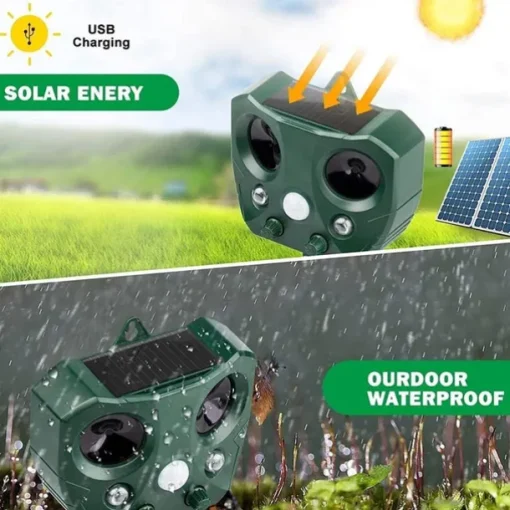 Solar Powered Ultrasonic Animal and Bird Repeller Waterproof Animal Deterrent LED Light Alarm for Orchard/Greenhouse/Vegetable Garden