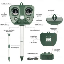Solar Powered Ultrasonic Animal and Bird Repeller Waterproof Animal Deterrent LED Light Alarm for Orchard/Greenhouse/Vegetable Garden