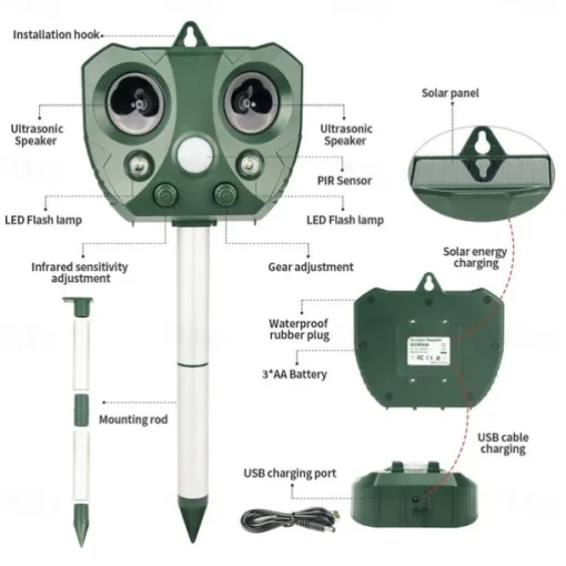 Solar Powered Ultrasonic Animal and Bird Repeller Waterproof Animal Deterrent LED Light Alarm for Orchard/Greenhouse/Vegetable Garden