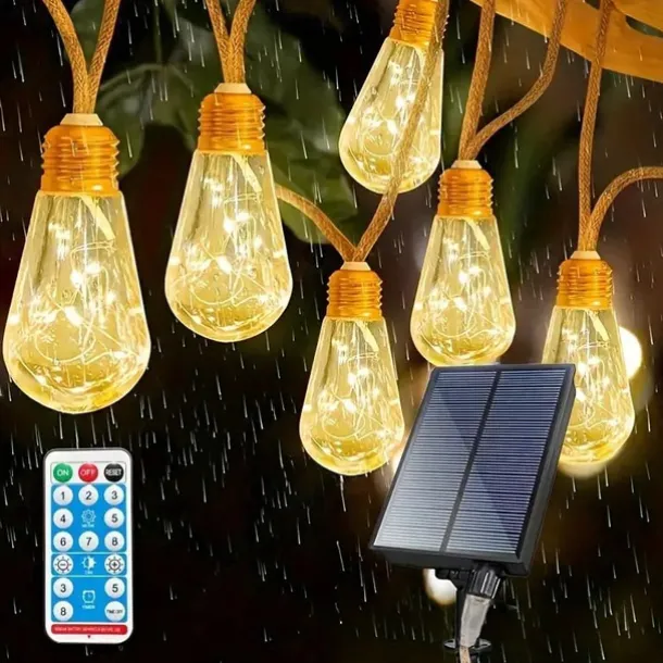 Solar Remote Control Outdoor Camping Light Bulb String Lights 7m 16LED Waterproof Fairy Lights for Terrace Holiday Wedding Party Garden Balcony Decoration