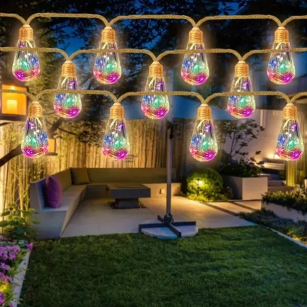 Solar Remote Control Outdoor Camping Light Bulb String Lights 7m 16LED Waterproof Fairy Lights for Terrace Holiday Wedding Party Garden Balcony Decoration