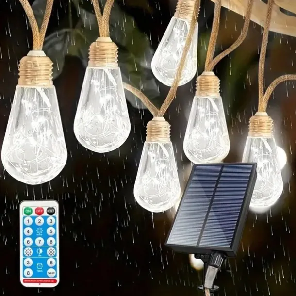 Solar Remote Control Outdoor Camping Light Bulb String Lights 7m 16LED Waterproof Fairy Lights for Terrace Holiday Wedding Party Garden Balcony Decoration