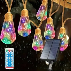 Solar Remote Control Outdoor Camping Light Bulb String Lights 7m 16LED Waterproof Fairy Lights for Terrace Holiday Wedding Party Garden Balcony Decoration