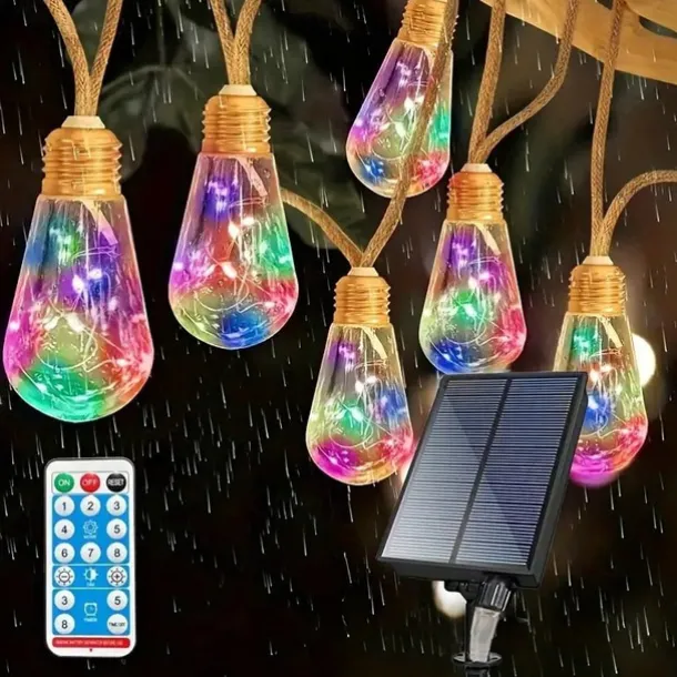 Solar Remote Control Outdoor Camping Light Bulb String Lights 7m 16LED Waterproof Fairy Lights for Terrace Holiday Wedding Party Garden Balcony Decoration