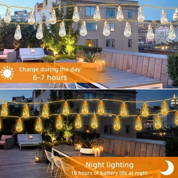 Solar Remote Control Outdoor Camping Light Bulb String Lights 7m 16LED Waterproof Fairy Lights for Terrace Holiday Wedding Party Garden Balcony Decoration