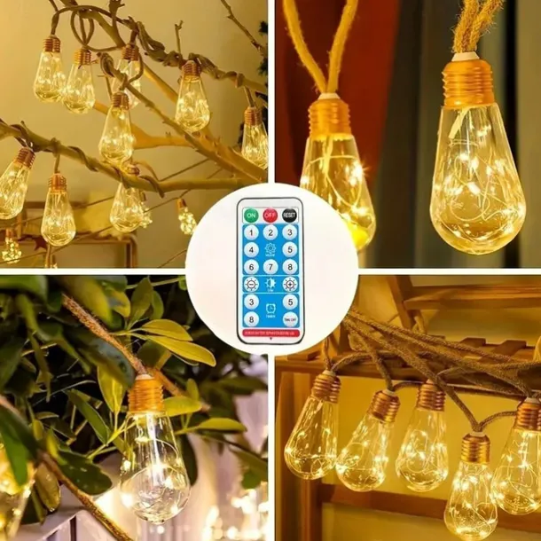 Solar Remote Control Outdoor Camping Light Bulb String Lights 7m 16LED Waterproof Fairy Lights for Terrace Holiday Wedding Party Garden Balcony Decoration