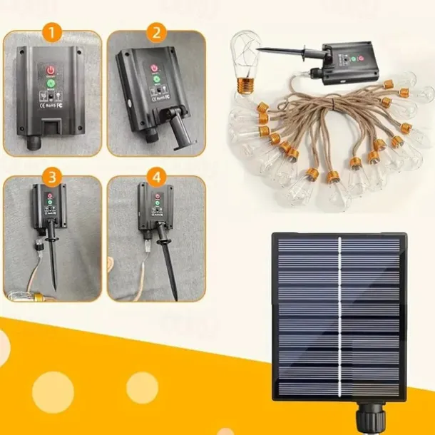 Solar Remote Control Outdoor Camping Light Bulb String Lights 7m 16LED Waterproof Fairy Lights for Terrace Holiday Wedding Party Garden Balcony Decoration