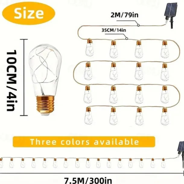 Solar Remote Control Outdoor Camping Light Bulb String Lights 7m 16LED Waterproof Fairy Lights for Terrace Holiday Wedding Party Garden Balcony Decoration