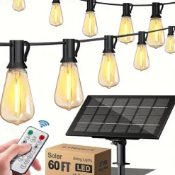 Solar String Lights Outdoor Weatherproof with Remote, Solar Powered LED Edison Bulb Outdoor String Lights for Outside Patio Backyard Fence Halloween Christmas Decorations