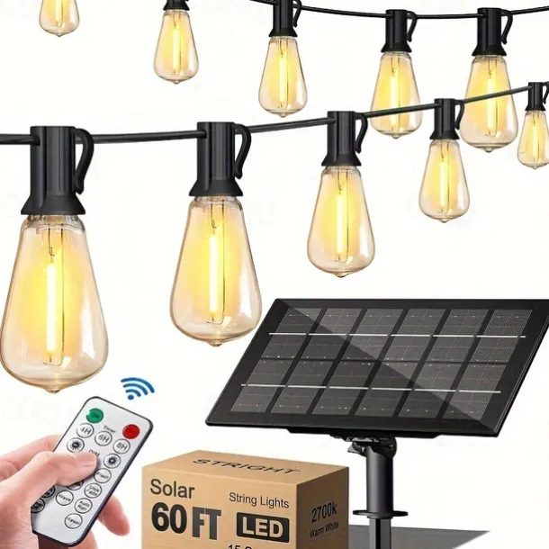 Solar String Lights Outdoor Weatherproof with Remote, Solar Powered LED Edison Bulb Outdoor String Lights for Outside Patio Backyard Fence Halloween Christmas Decorations