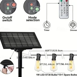 Solar String Lights Outdoor Weatherproof with Remote, Solar Powered LED Edison Bulb Outdoor String Lights for Outside Patio Backyard Fence Halloween Christmas Decorations