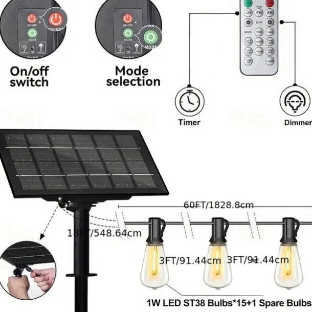 Solar String Lights Outdoor Weatherproof with Remote, Solar Powered LED Edison Bulb Outdoor String Lights for Outside Patio Backyard Fence Halloween Christmas Decorations