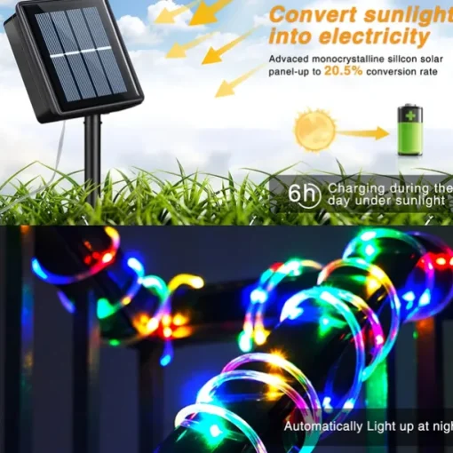Solar Tube String Light 7/12/20M 50/100/200 Leds 8 Modes Waterproof Outdoor LED Copper Wire Lights for Garden Decor Lamp Wedding Party Tree Xmas Halloween Holiday Decoration Lighting