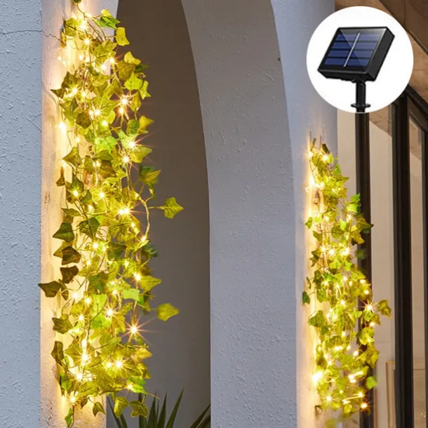 Solar Vine String Lights Ivy Lights LED Artificial Rattan Green Plant LED Solar String Light Outdoor Waterproof Led String Hanging Lights for Yard Fence Wall Hanging Wedding Decoration