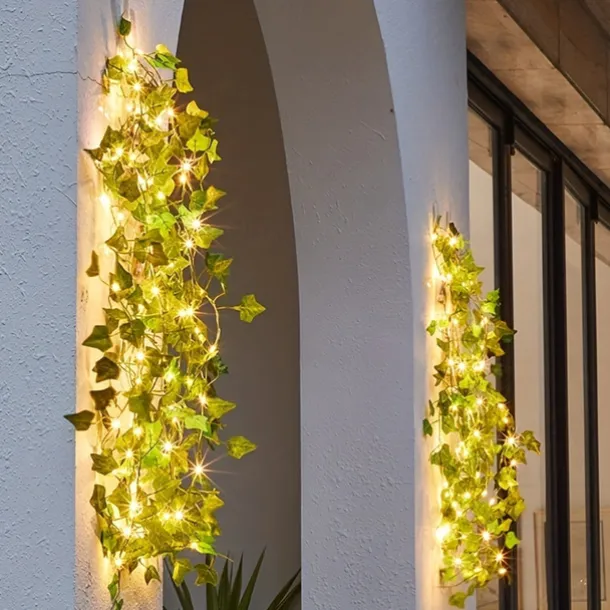 Solar Vine String Lights Ivy Lights LED Artificial Rattan Green Plant LED Solar String Light Outdoor Waterproof Led String Hanging Lights for Yard Fence Wall Hanging Wedding Decoration
