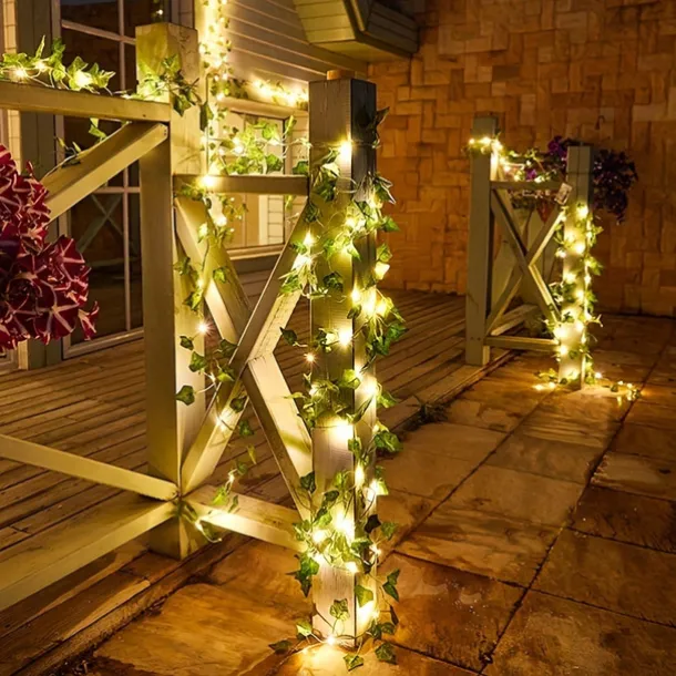 Solar Vine String Lights Ivy Lights LED Artificial Rattan Green Plant LED Solar String Light Outdoor Waterproof Led String Hanging Lights for Yard Fence Wall Hanging Wedding Decoration