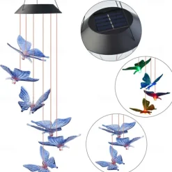 Solar Wind Chimes LED Outdoor Light Changing Butterfly Lights Outdoor Solar Waterproof 6LEDs Wind Chimes Solar Powered Lights for Home Garden Patio Window Decoration