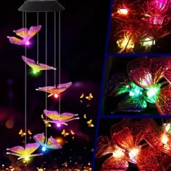Solar Wind Chimes LED Outdoor Light Changing Butterfly Lights Outdoor Solar Waterproof 6LEDs Wind Chimes Solar Powered Lights for Home Garden Patio Window Decoration
