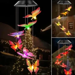 Solar Wind Chimes LED Outdoor Light Changing Butterfly Lights Outdoor Solar Waterproof 6LEDs Wind Chimes Solar Powered Lights for Home Garden Patio Window Decoration
