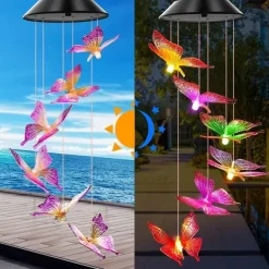 Solar Wind Chimes LED Outdoor Light Changing Butterfly Lights Outdoor Solar Waterproof 6LEDs Wind Chimes Solar Powered Lights for Home Garden Patio Window Decoration