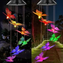 Solar Wind Chimes LED Outdoor Light Changing Butterfly Lights Outdoor Solar Waterproof 6LEDs Wind Chimes Solar Powered Lights for Home Garden Patio Window Decoration