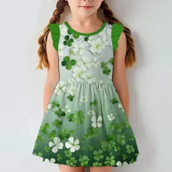 St. Patrick Girls' 3D Four Leaf Clover Ruffle Dress Sleeveless 3D Print Summer Daily Holiday Casual Beautiful Kids 3-12 Years Casual Dress Tank Dress Above Knee Polyester Regular Fit