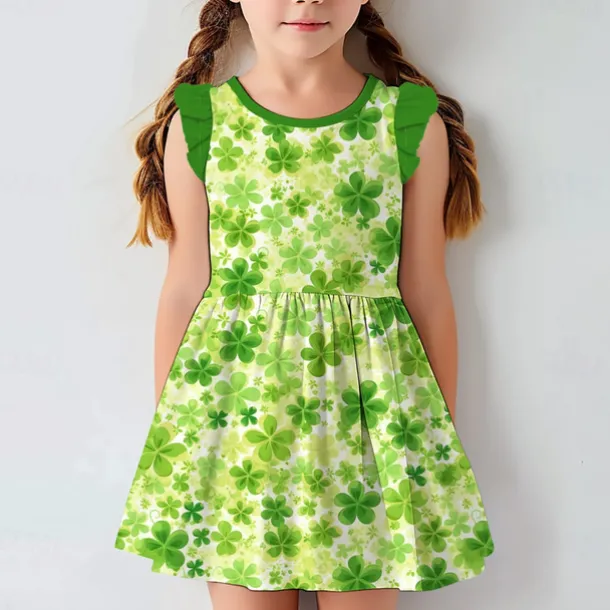St. Patrick Girls' 3D Four Leaf Clover Ruffle Dress Sleeveless 3D Print Summer Daily Holiday Casual Beautiful Kids 3-12 Years Casual Dress Tank Dress Above Knee Polyester Regular Fit