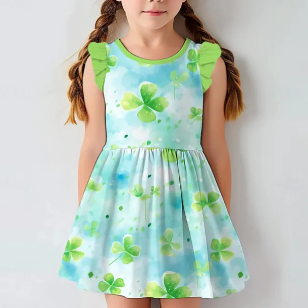 St. Patrick Girls' 3D Four Leaf Clover Ruffle Dress Sleeveless 3D Print Summer Daily Holiday Casual Beautiful Kids 3-12 Years Casual Dress Tank Dress Above Knee Polyester Regular Fit
