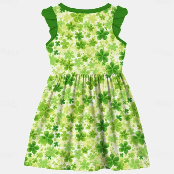 St. Patrick Girls' 3D Four Leaf Clover Ruffle Dress Sleeveless 3D Print Summer Daily Holiday Casual Beautiful Kids 3-12 Years Casual Dress Tank Dress Above Knee Polyester Regular Fit