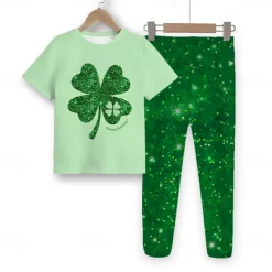 St. Patrick Girls' 3D Four Leaf Clover Tee & Pants Pajama Sets Short Sleeve 3D Print Summer Spring Fall Active Fashion Cute Polyester Kids 4 years+ Crew Neck Home Causal Indoor Regular Fit