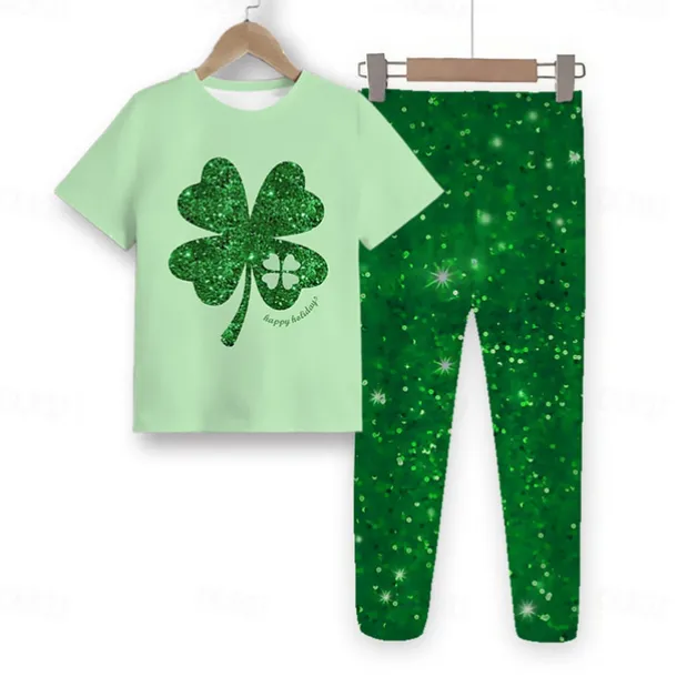 St. Patrick Girls' 3D Four Leaf Clover Tee & Pants Pajama Sets Short Sleeve 3D Print Summer Spring Fall Active Fashion Cute Polyester Kids 4 years+ Crew Neck Home Causal Indoor Regular Fit
