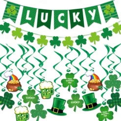 St Patricks Day Decorations Kit, 26pcs Felt Shamrock LUCKY Banner, Including Letter Banner, Swirls, Lucky Green Clover Cupcake Toppers, for St Patricks Day