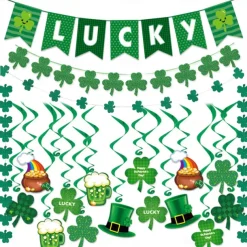 St Patricks Day Decorations Kit, 26pcs Felt Shamrock LUCKY Banner, Including Letter Banner, Swirls, Lucky Green Clover Cupcake Toppers, for St Patricks Day