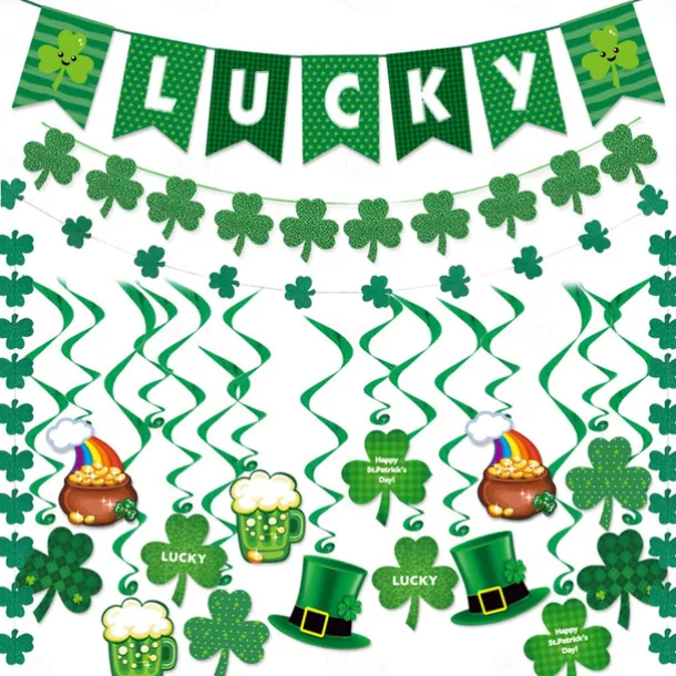 St Patricks Day Decorations Kit, 26pcs Felt Shamrock LUCKY Banner, Including Letter Banner, Swirls, Lucky Green Clover Cupcake Toppers, for St Patricks Day