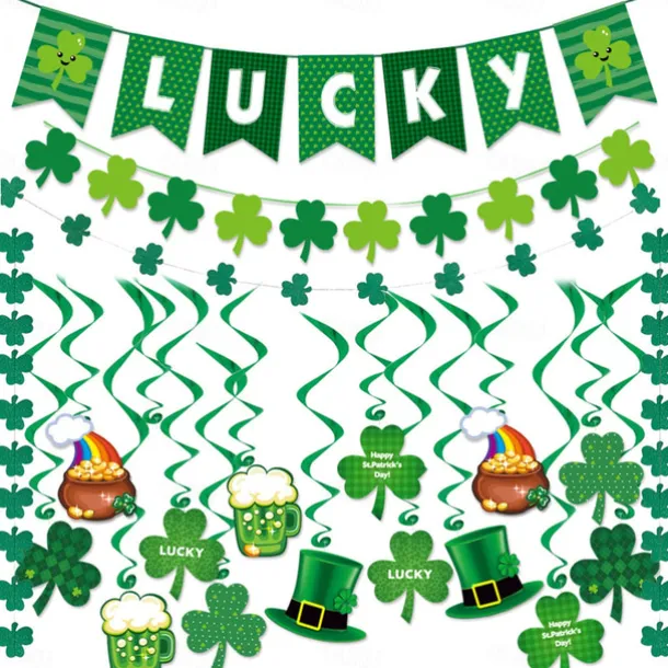 St Patricks Day Decorations Kit, 26pcs Felt Shamrock LUCKY Banner, Including Letter Banner, Swirls, Lucky Green Clover Cupcake Toppers, for St Patricks Day
