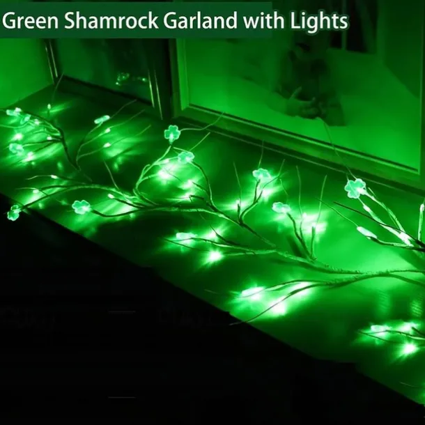 St. Patrick's Day Garland - Dazzling 96 Light Clover Show, Versatile in 8 Modes, Battery Operated, Perfect for Home Decorations