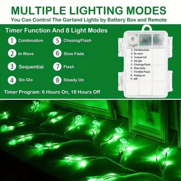 St. Patrick's Day Garland - Dazzling 96 Light Clover Show, Versatile in 8 Modes, Battery Operated, Perfect for Home Decorations