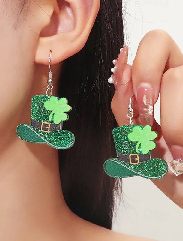 St. Patrick's Day Green Glitter Hat Earrings – Shamrock Design, Fun Festive Jewelry for Women, Perfect for Irish Celebrations and Holiday Parties