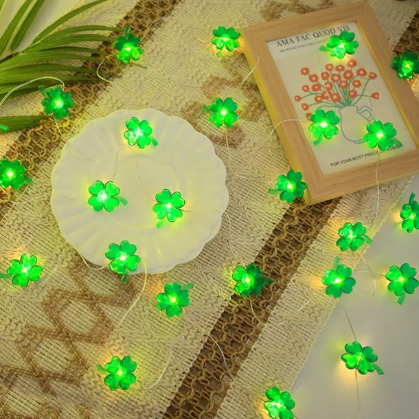 St. Patrick's Day Lights Decorative Shamrocks LED String Lights 5m 16.4FT 50LEDs Battery Powered Fairy Lucky Clover String Lights for Bedroom Party Feast Green Irish Decoration