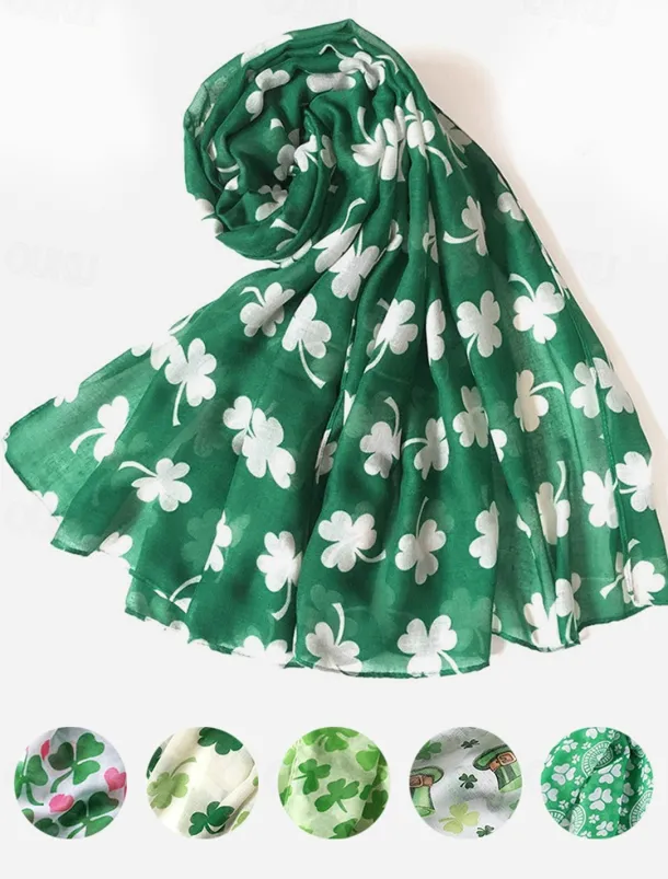 St. Patrick's Day Shamrock Scarf for Women, Lightweight Clover Print Wrap, Festive Green Accessory for Holiday Celebrations, Parties, and Everyday Wear