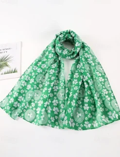 St. Patrick's Day Shamrock Scarf for Women, Lightweight Clover Print Wrap, Festive Green Accessory for Holiday Celebrations, Parties, and Everyday Wear