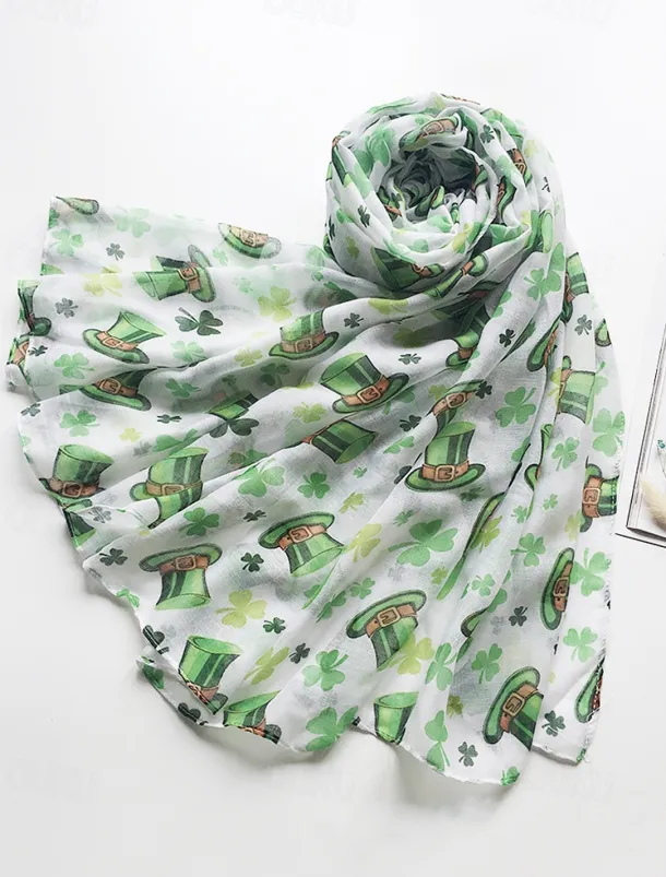 St. Patrick's Day Shamrock Scarf for Women, Lightweight Clover Print Wrap, Festive Green Accessory for Holiday Celebrations, Parties, and Everyday Wear